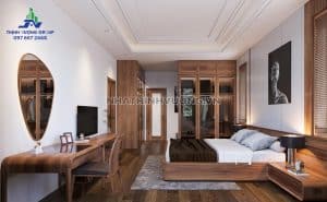 Mẫu thiết kế nội thất phòng ngủ với tông màu nâu gỗ và trắng chủ đạo