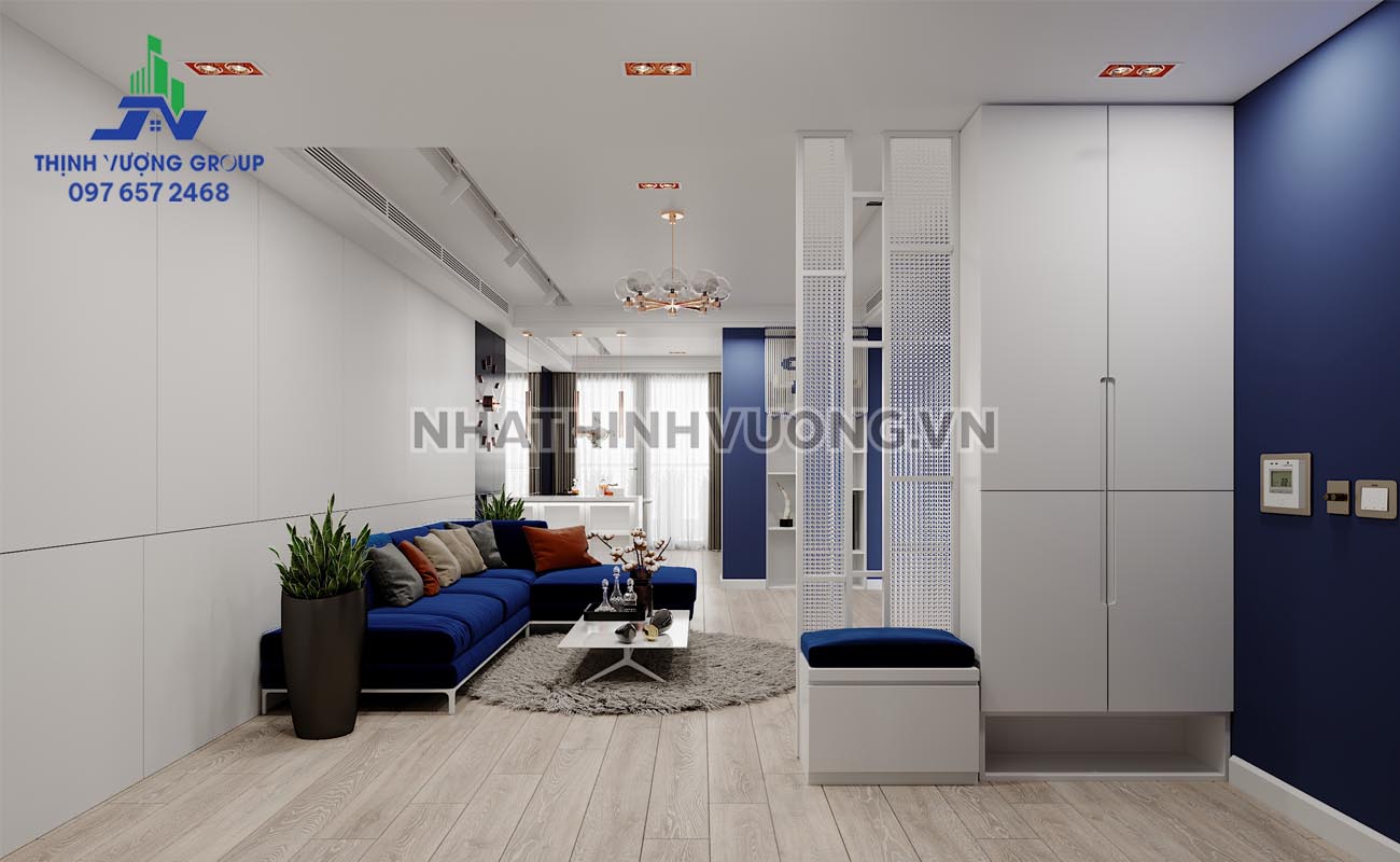 Mẫu nội thất phòng khách chung cư được thiết kế với 2 tông màu trắng và xanh